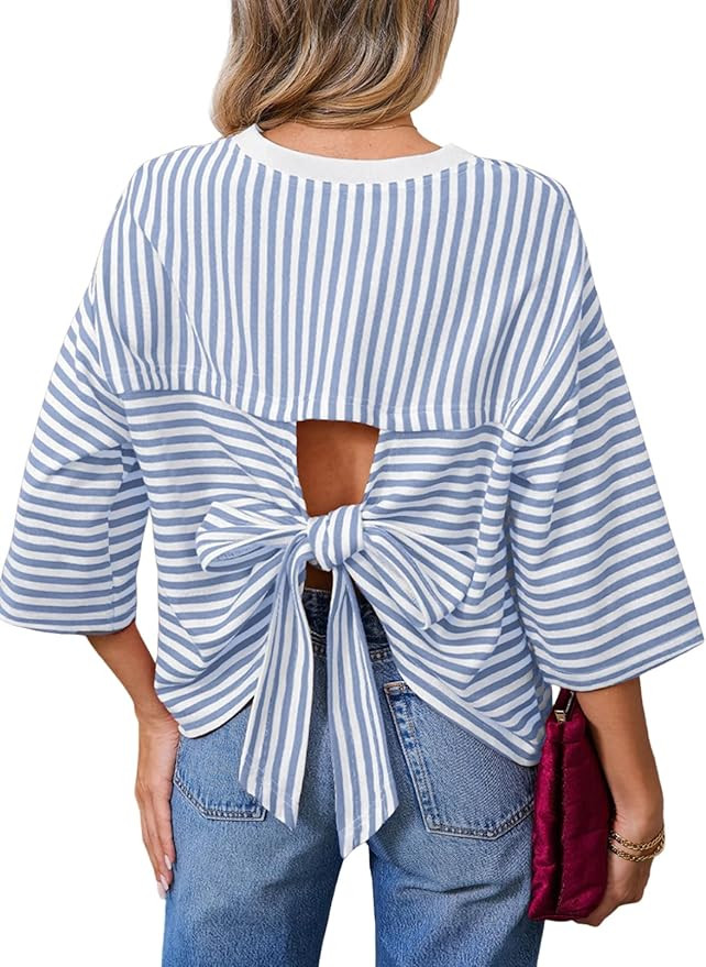 Dokotoo Womens Tops 2026 Striped Tie Back Short Sleeve T Shirts Crewneck Casual Loose Basic Tee S... | Amazon (US)
