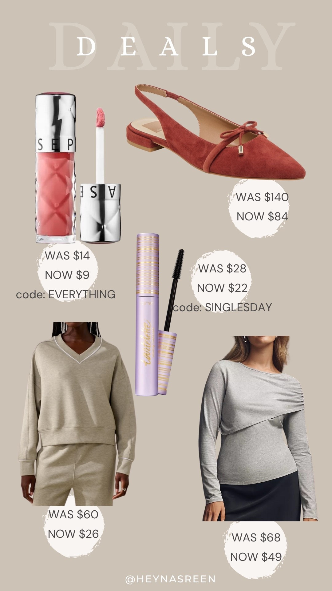 Daily deals on Sephora lip gloss (shade: pink pout), Dolce Vita flats, Tarte tubing mascara, Anthropologie top, Abercrombie sweatshirt 