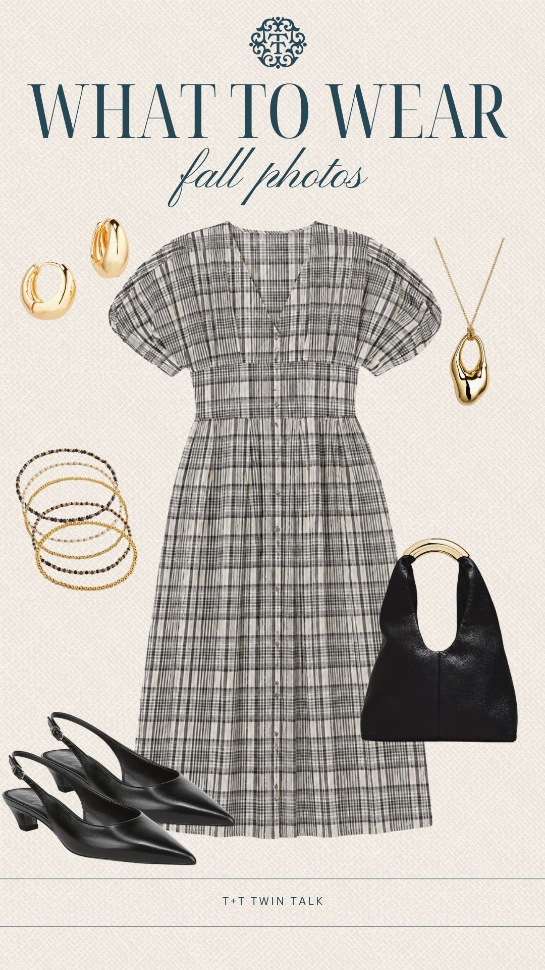 T+T, what to wear! This Nordstrom plaid dress is such a cute choice for fall photos, with black slingback heels, a black bag, and gold jewelry to finish the look. It would be perfect for family photos, a fall dinner, or a day out enjoying the season.

#LTKSeasonal #LTKOver40 #LTKMidsize