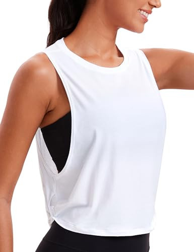 CRZ YOGA Pima Cotton Cropped Workout Tank Tops for Women - Sleeveless Sports Athletic Yoga Running Gym Crop Shirts Deep Armhole-White Medium | Amazon (US)