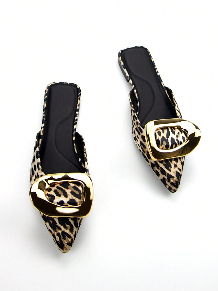 Women’s Gold Hardware Embellished Leopard Print Pointed Toe Mule Shoes | SHEIN