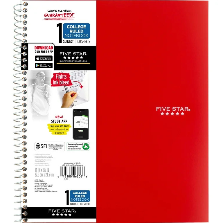Five Star Wirebound Notebook Plus Study App, 1 Subject, College Ruled, Fire Red (820002B-WMT-MOD)... | Walmart (US)
