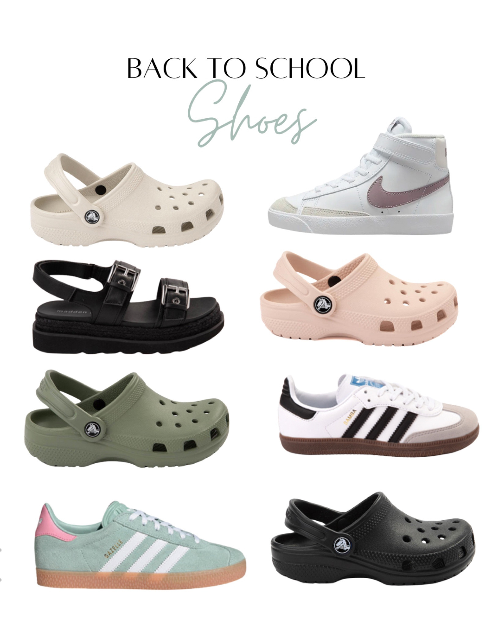 The shoes my kids picked for back to school. My 10 year old boy only wanted crocs. My 7 year old daughter prefers fashion. Crocs. Adidas sambas and gazelles. Nike blazers. Steve Madden. Big kid shoes. Journeys. Nike. Back to school. 

#LTKShoeCrush #LTKBacktoSchool #LTKKids