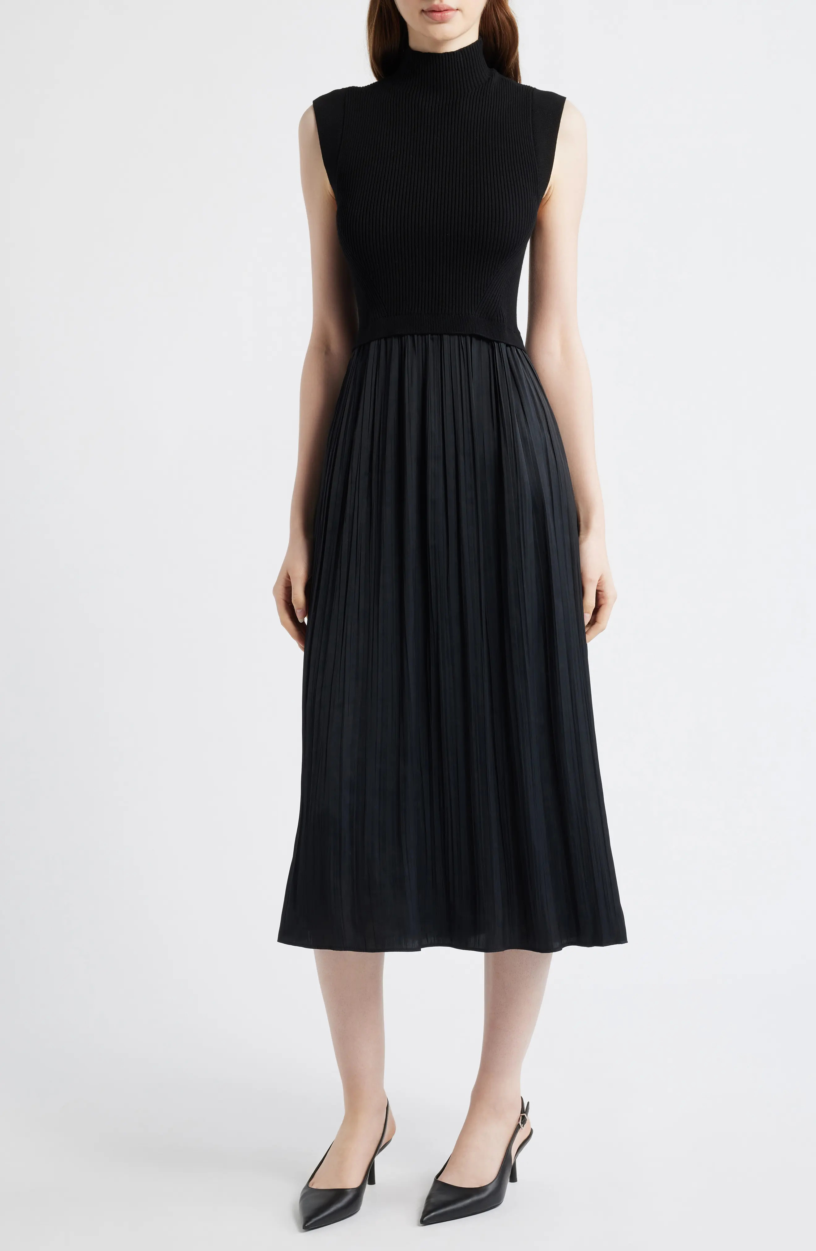 Mixed Media Rib Funnel Neck Midi Dress (Women) | Nordstrom | Nordstrom