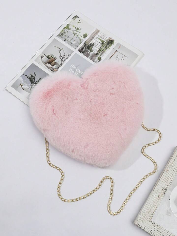 Valentines Day Special: Heart-Shaped Fluffy Shoulder Bag with Chain Crossbody & Cute Zipper Purse... | SHEIN