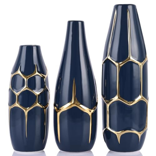 Ceramic Checkered Vase Set of 3 - Blue and Gold Vase, Modern Blue Striped Decorative Vases for Home Décor, Bedroom, Office, Living Room, Bathroom, Mantel, Tabletop Decor, Centerpiece | Amazon (US)