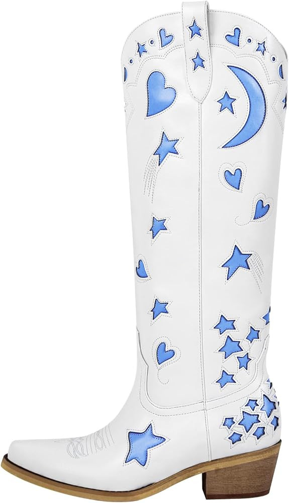 sexytag Cowboy Boots for Women Knee High With Star Embroidered Cowgirl Boots Pointed Toe Block He... | Amazon (US)