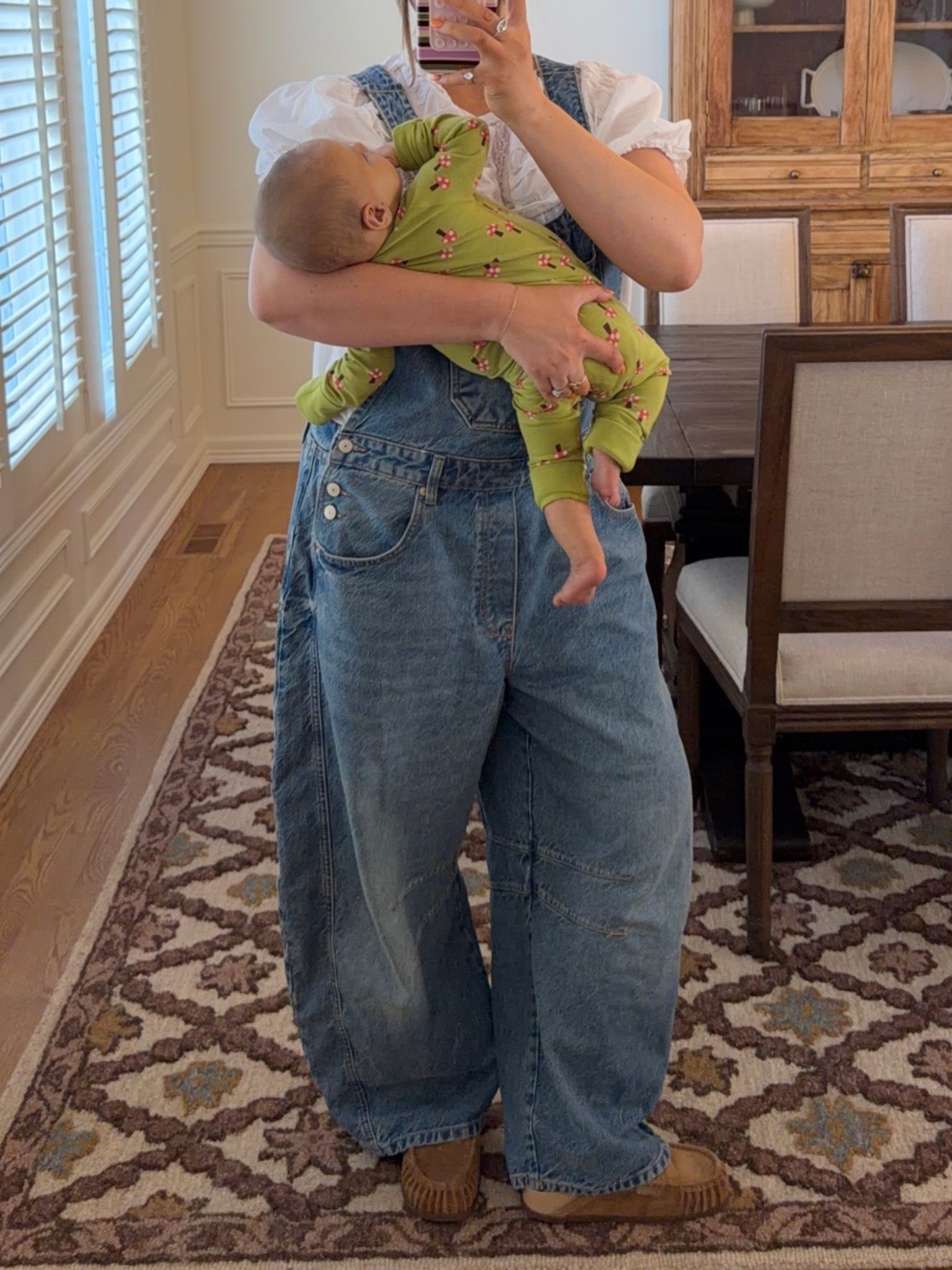 Large in overalls I actually size up for a super baggy fit I love! They do run loose tho true size is also fine. Size large in 100% cotton blouse I wear all the time it’s perfect/washes well. Loafers true to size. Millie’s pajamas are so stretchy I love this brand and style she’s in 3-6mo

#momstyle #overalls #cotton