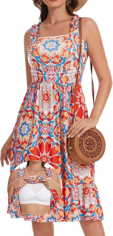 Womens Summer Ruffle Dresses with Built in Bras Sleeveless A-line Flowy Sundress 2026 Beach Vacat... | Amazon (US)