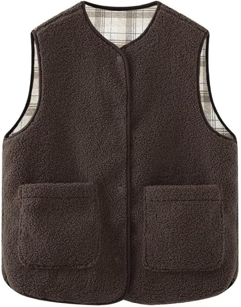 Women's Fuzzy Sherpa Fleece Vest Casual Button Down Waistcoat Sleeveless Gilet Reversible Plaid O... | Amazon (US)