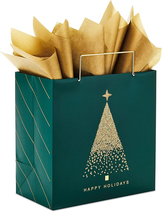 Hallmark Signature 7" Medium Christmas Gift Bag with Tissue Paper (Hunter Green and Gold Tree, Ha... | Amazon (US)