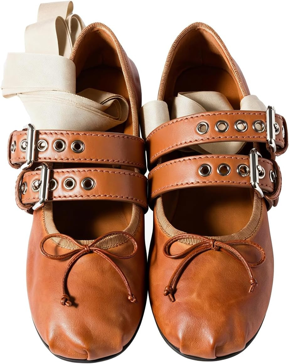 Women Vintage Round Closed Toe Mary Jane Goth Flats Bows Double Ankle Strap Ballet Flats Gothic Punk Flat Shoes Lace Up Two-Toned Dress Flats Buckle Comfy Office Work Flats Cosplay 4-11 M US | Amazon (US)