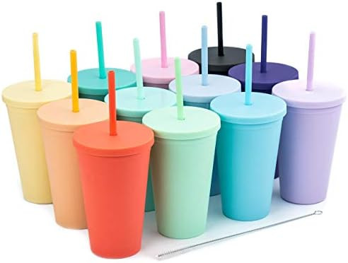 Tumblers with Lids (12 pack) 16oz Colored Acrylic Cups with Lids and Straws | Double Wall Matte Plas | Amazon (US)