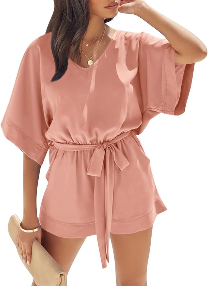 Women's Casual V Neck Rompers Short Sleeve Jumpsuit High Waist Belted One Piece Playsuit with Pocket | Amazon (US)