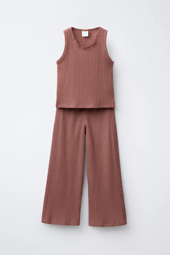 RIBBED TANK TOP AND WIDE-LEG PANTS SET WITH LACE | Zara US