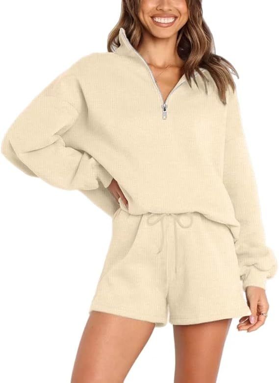 SUPRELOOK Women's Casual Long Sleeve Lounge Sets Waffle Knit Top and Shorts Two Piece Outfits Swe... | Amazon (US)