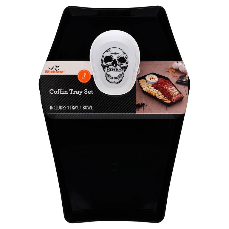 Coffin-Shaped Serving Tray Set with Skull Bowl, Black and White, Halloween by Way To Celebrate | Walmart (US)