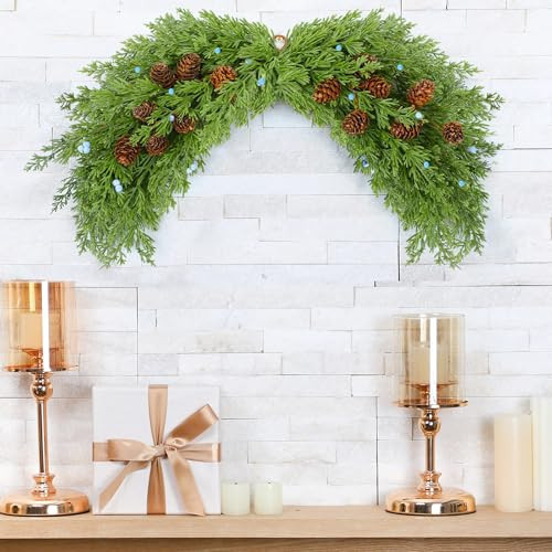 Moucuny Artificial Christmas Swags for Front Door Juniper Christmas Mailbox Swag Garland with Seed Pine Cone 21 Inch Faux Swag Wreath for Xmas Decoration Home Window Mantel Hanging Decor | Amazon (US)