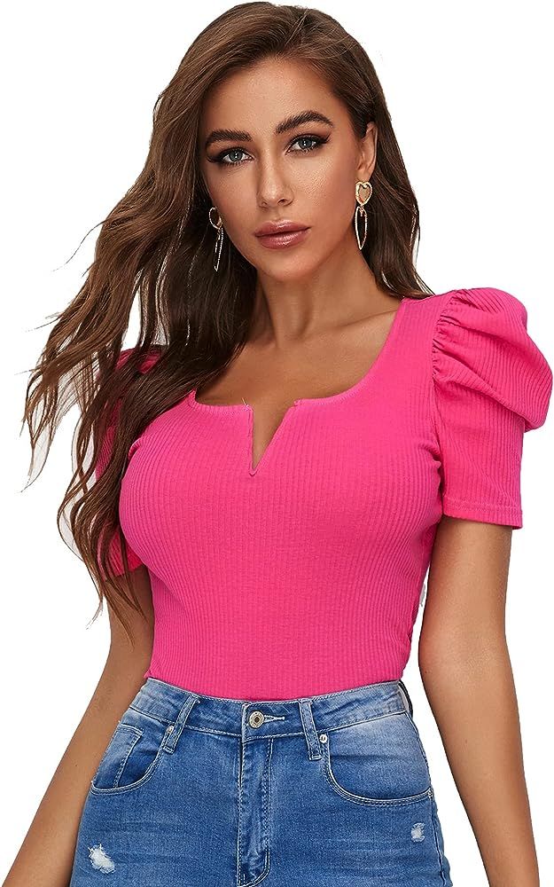 Romwe Women's Puff Sleeve Square Neck Elegant Slim Fit Rib Knit Blouse Tops | Amazon (US)