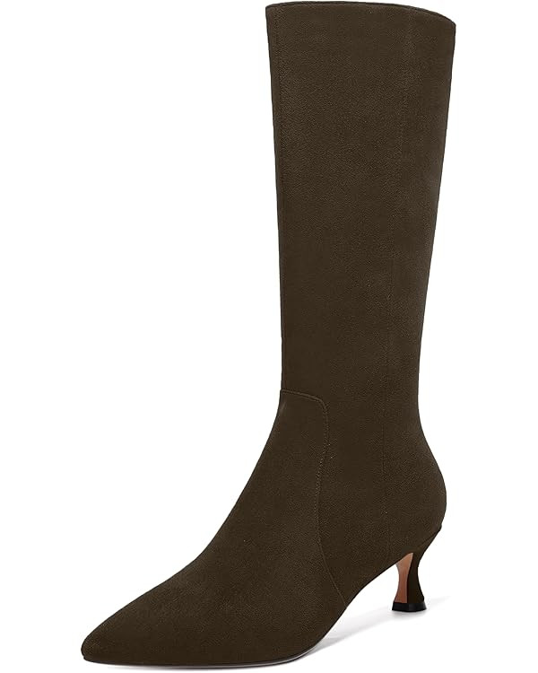 FEMSTEP Womens Sexy Suede Pointed Toe Party Zip Kitten Low Heel Knee High Boots 2 Inch | Amazon (US)