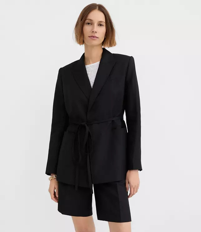 Linen Blend Tie Waist Modern Blazer | LOFT