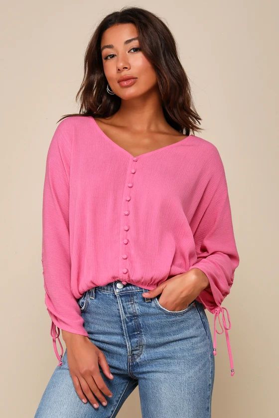 Carrissa Pink Long Sleeve Button-Front Top | Lulus