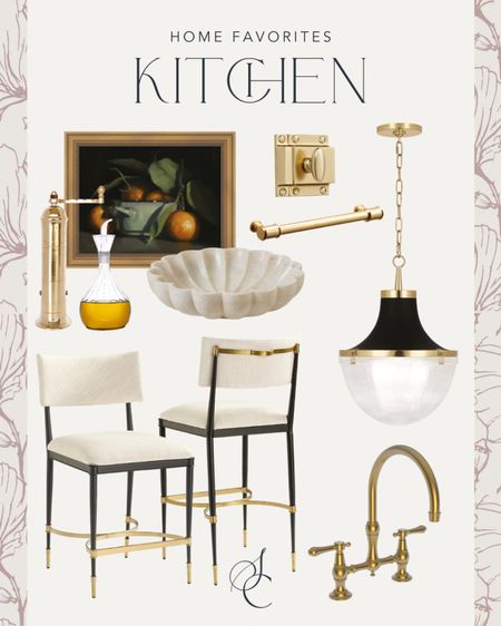 Elegant brass and black kitchen design!

counter stool, pendant light, bridge faucet, hood fixtures, Rejuvenation latch cabinet hardware, cabinet pull, still life art print, brass pepper mill, fluted marble bowl, olive oil dispenser 

#LTKhome #LTKsalealert #LTKstyletip