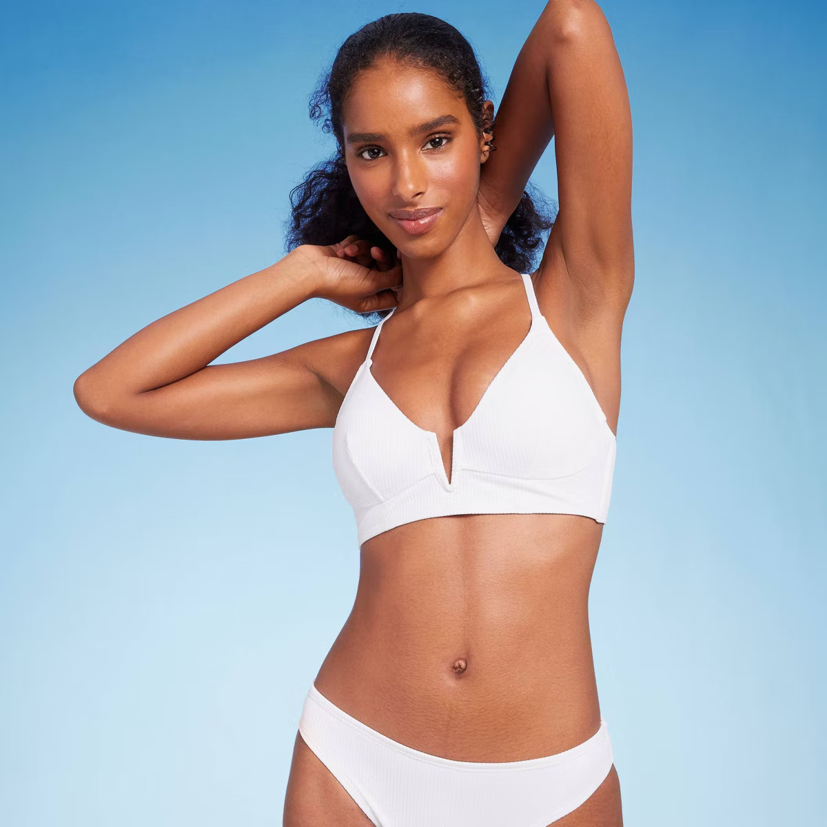 Women's Ribbed Longline V-Wire Bikini Top - Shade & Shore™ White 34A | Target