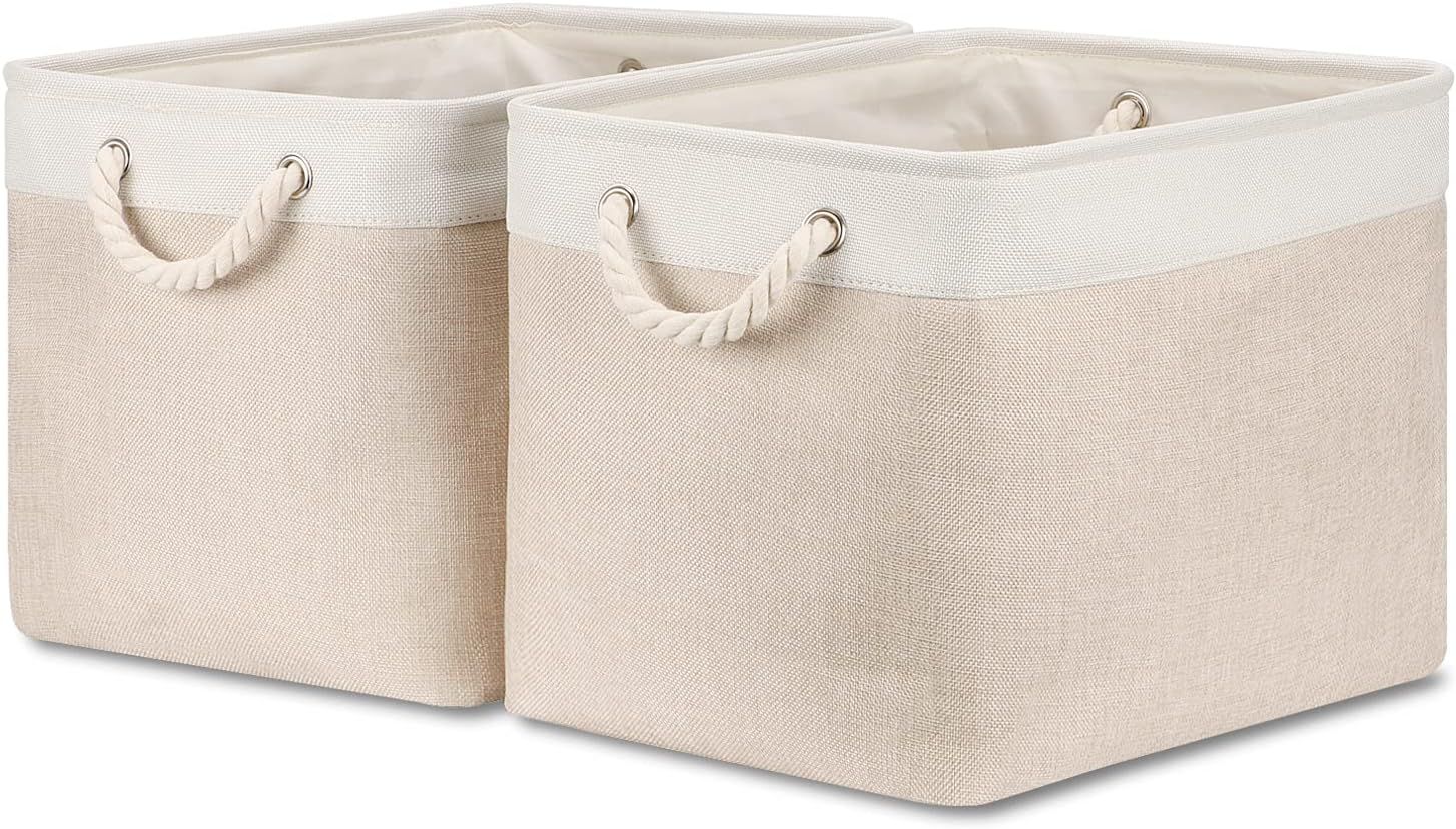 Bidtakay Beige Storage Basket Large Fabric Cloth Baskets [2-Pack] Tall Rectangular Shelf Baskets ... | Amazon (US)