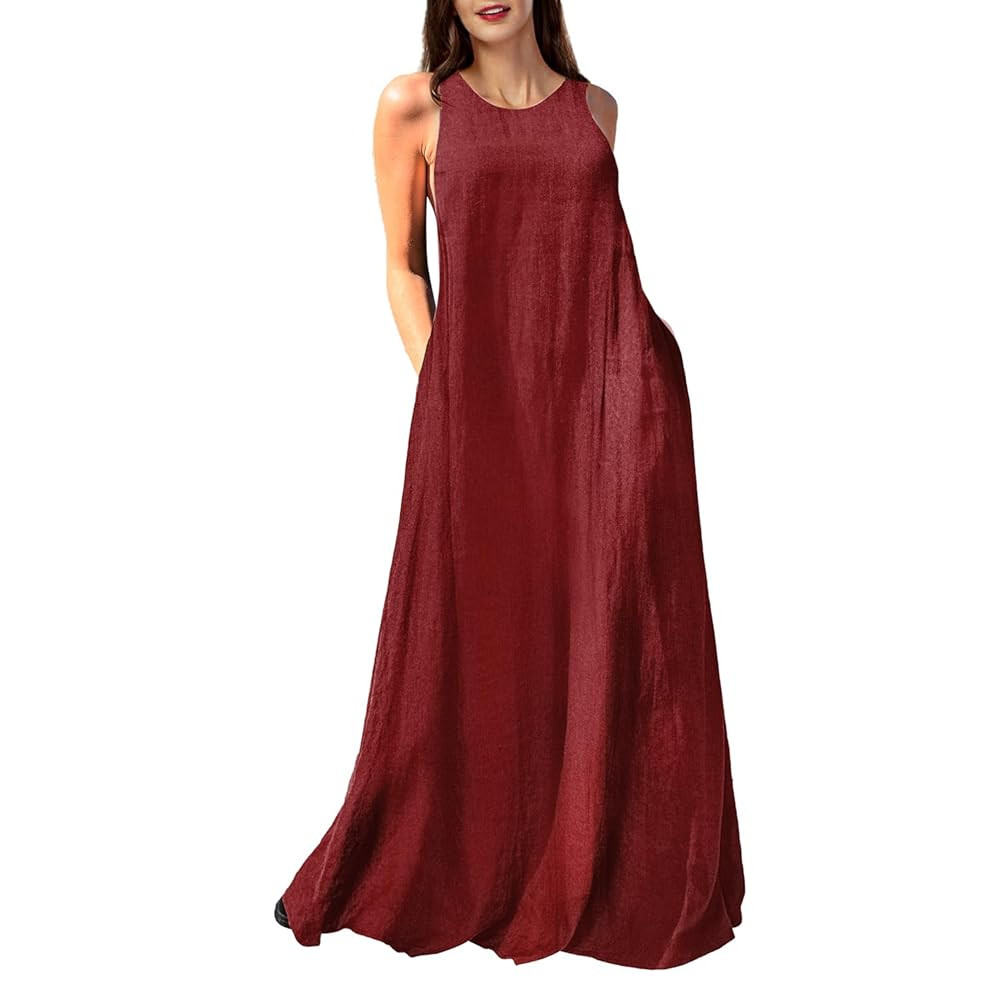 Rainday Women's Linen Dress Sleeveness Loose Dresses Casual Maxi Dress with Pockets | Amazon (US)