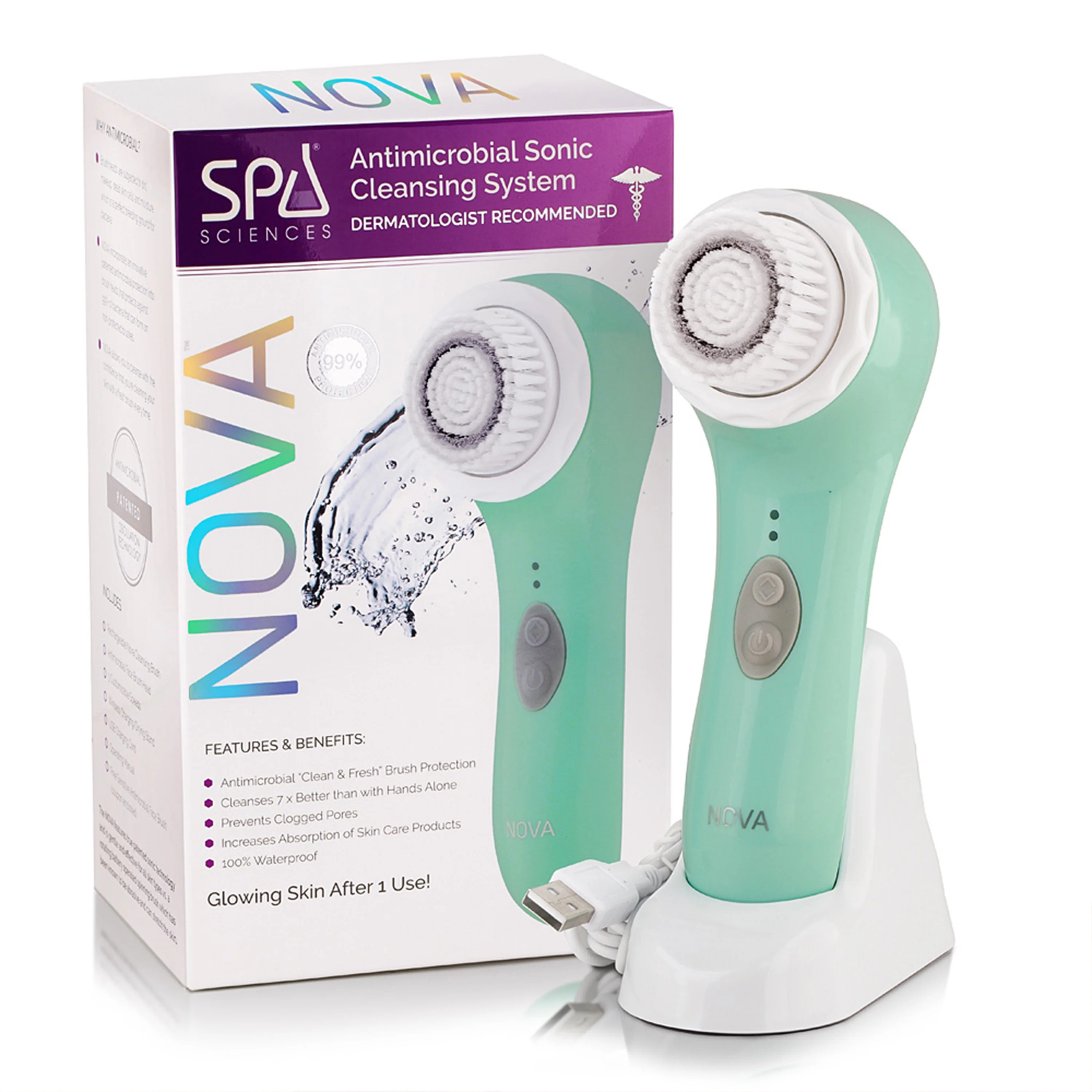 Spa Sciences NOVA, Rechargeable Sonic Facial Cleansing Brush with Antimicrobial Bristles, Mint | Walmart (US)