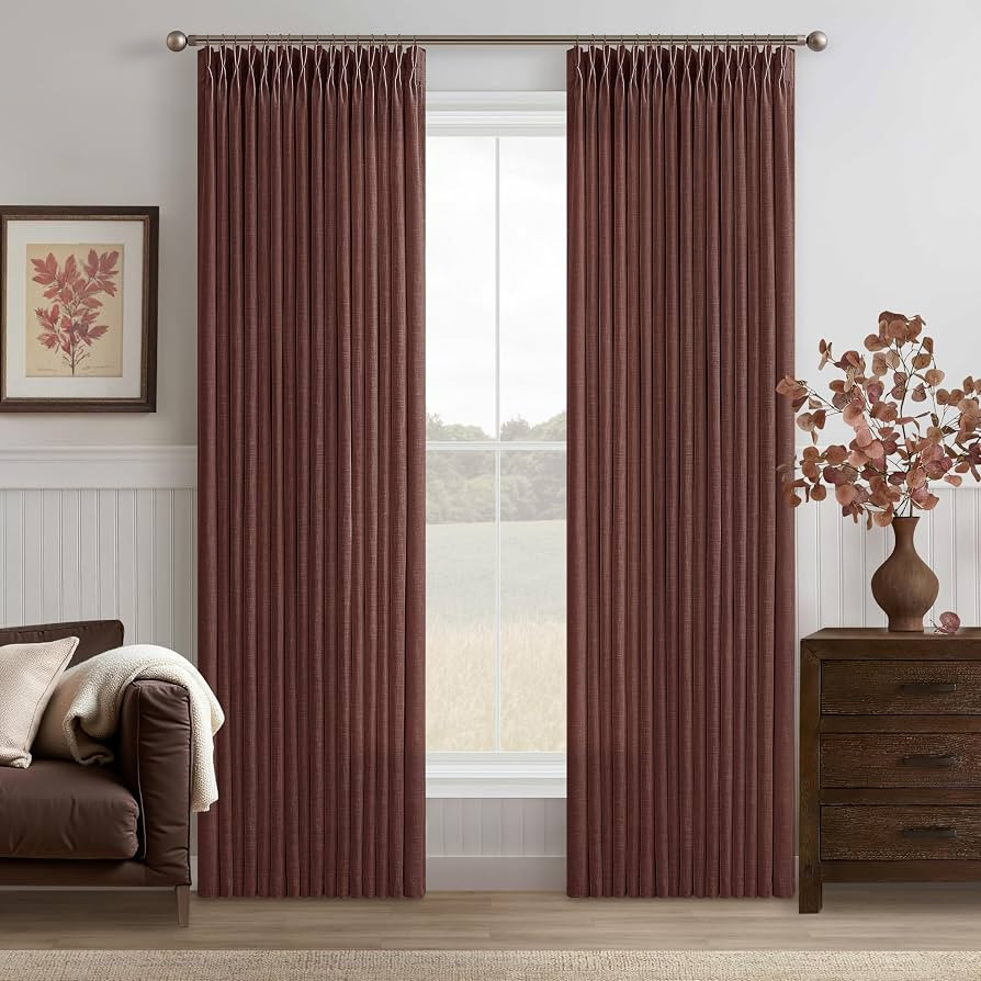 Pleat Linen Blend Curtain, for Dining Living Room, Red Brown, Semi Sheer Window Curtains, Modern ... | Amazon (US)