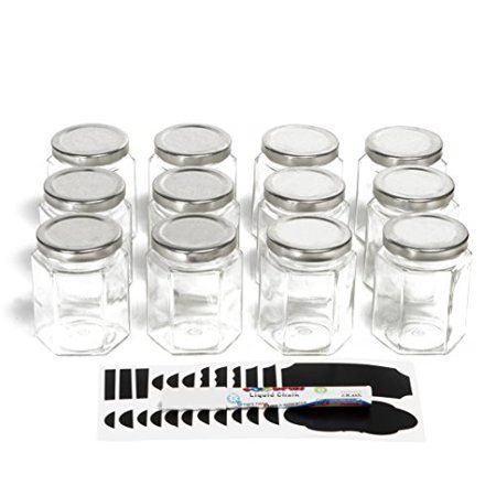 Hexagon Glass Jars - 6oz, 12 Pack with 24 Chalk Sticker Labels and Chalk Pen - DIY Jars for Canning, | Walmart (US)