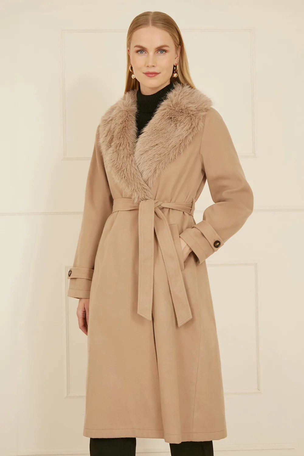 Jackets & Coats | Beige Wrap Around Coat With Faux Fur Collar | Yumi | Debenhams UK