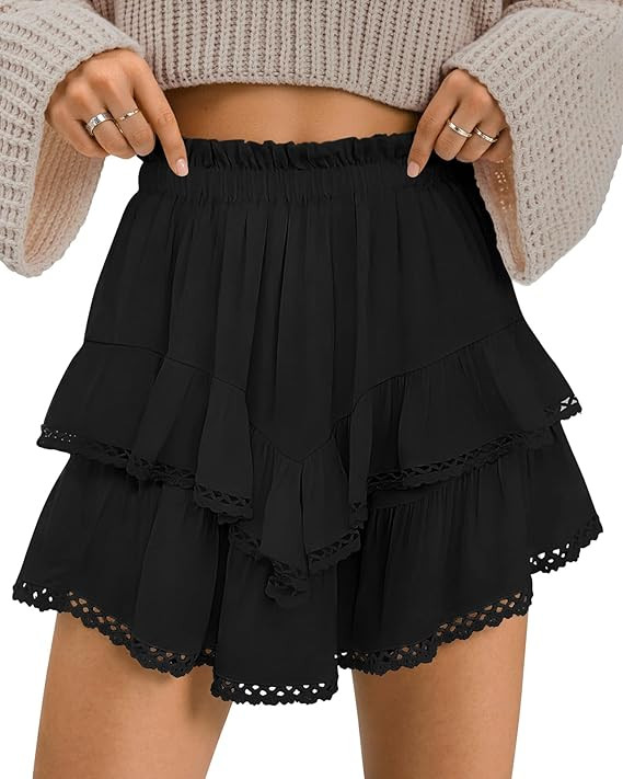 TARSE Womens Flowy Shorts High Waist Pleated Mini Skirts Casual Boho Ruffle Tiered Skorts Cute Ve... | Amazon (US)