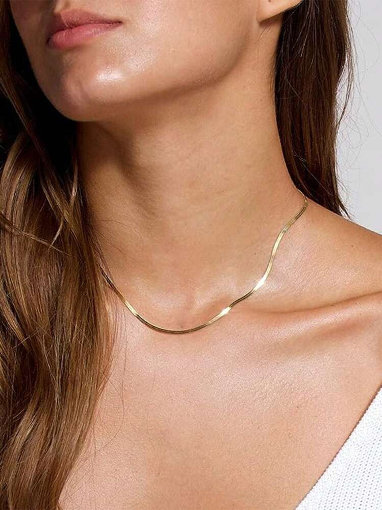 1pc Dainty Thin Gold Color Herringbone Necklace, Simple Stainless Steel Chain Necklaces For Women... | SHEIN