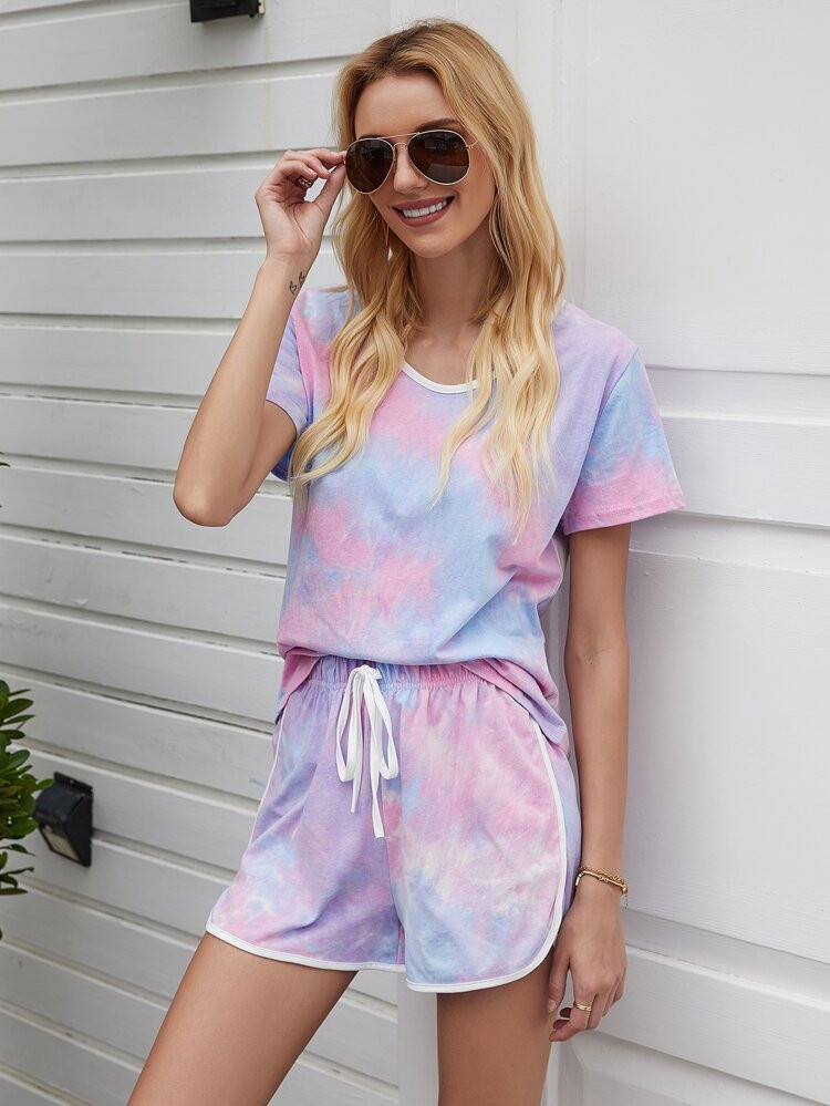 Tie Dye Contrast Binding Tee & Dolphin Shorts | SHEIN