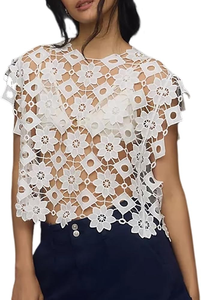 Yimoon Women's Hollow Out Floral Lace Vest Sleeveless Crewneck Cover Up Summer Going Out Tops | Amazon (US)