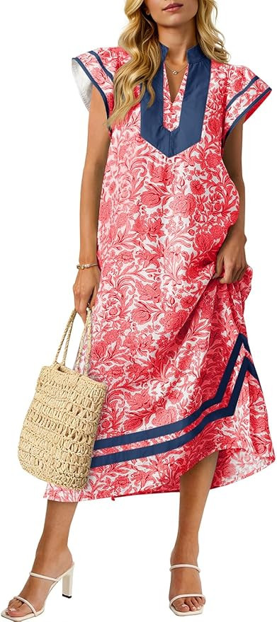 Wenrine Womens Summer Floral Maxi Dress Casual Short Cap Sleeve V Neck Color Block Side Slit Loos... | Amazon (US)