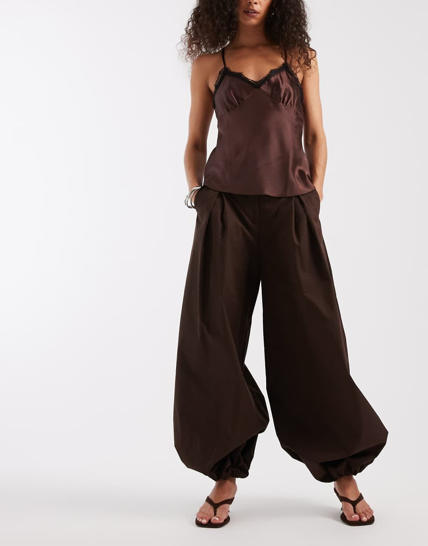 ASOS DESIGN bubble hem tailored balloon pants in brown | ASOS (Global)