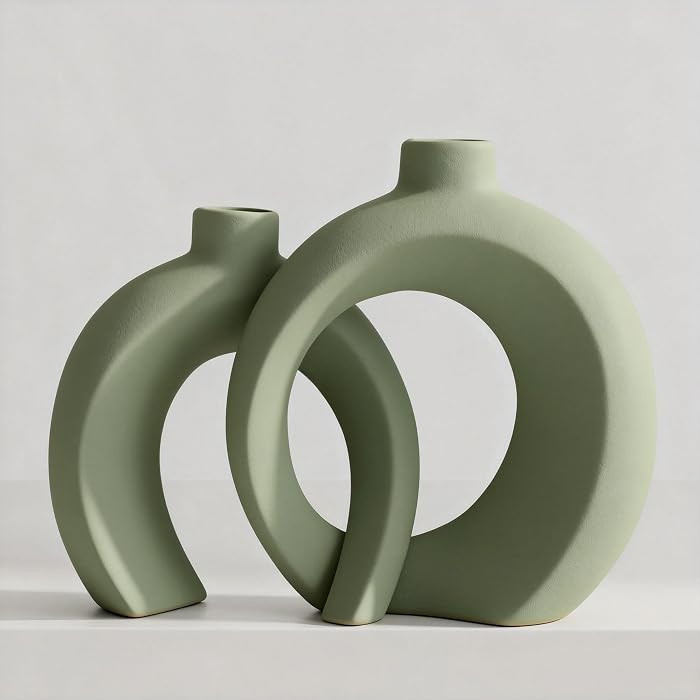 Set of 2 Sage Green Ceramic Vases for Home Decor Accents - Unique Hollow Donut Artistic Design Mo... | Amazon (US)