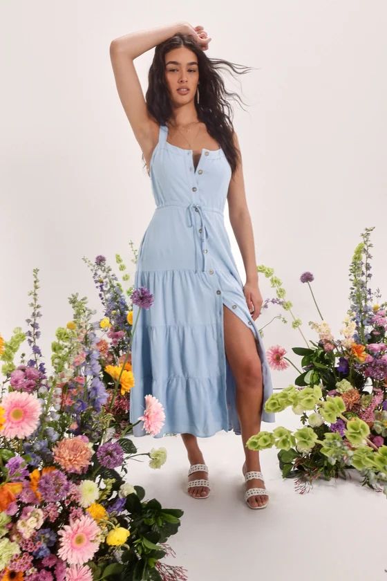 See the City Light Blue Button-Front Tiered Midi Dress | Lulus