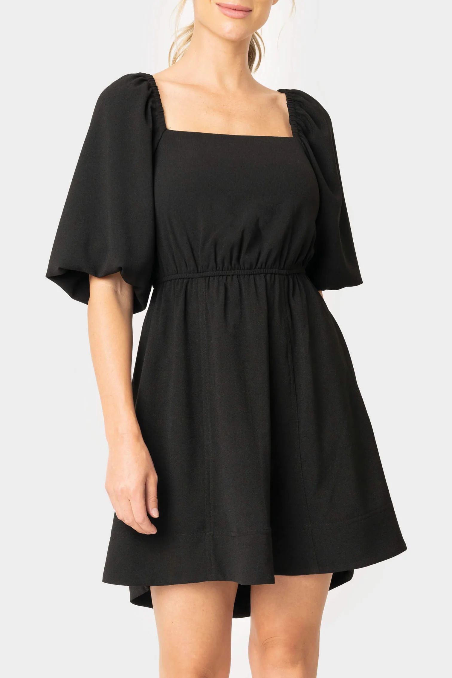 Balloon Sleeved Square Neck Crepe Dress | Gibson