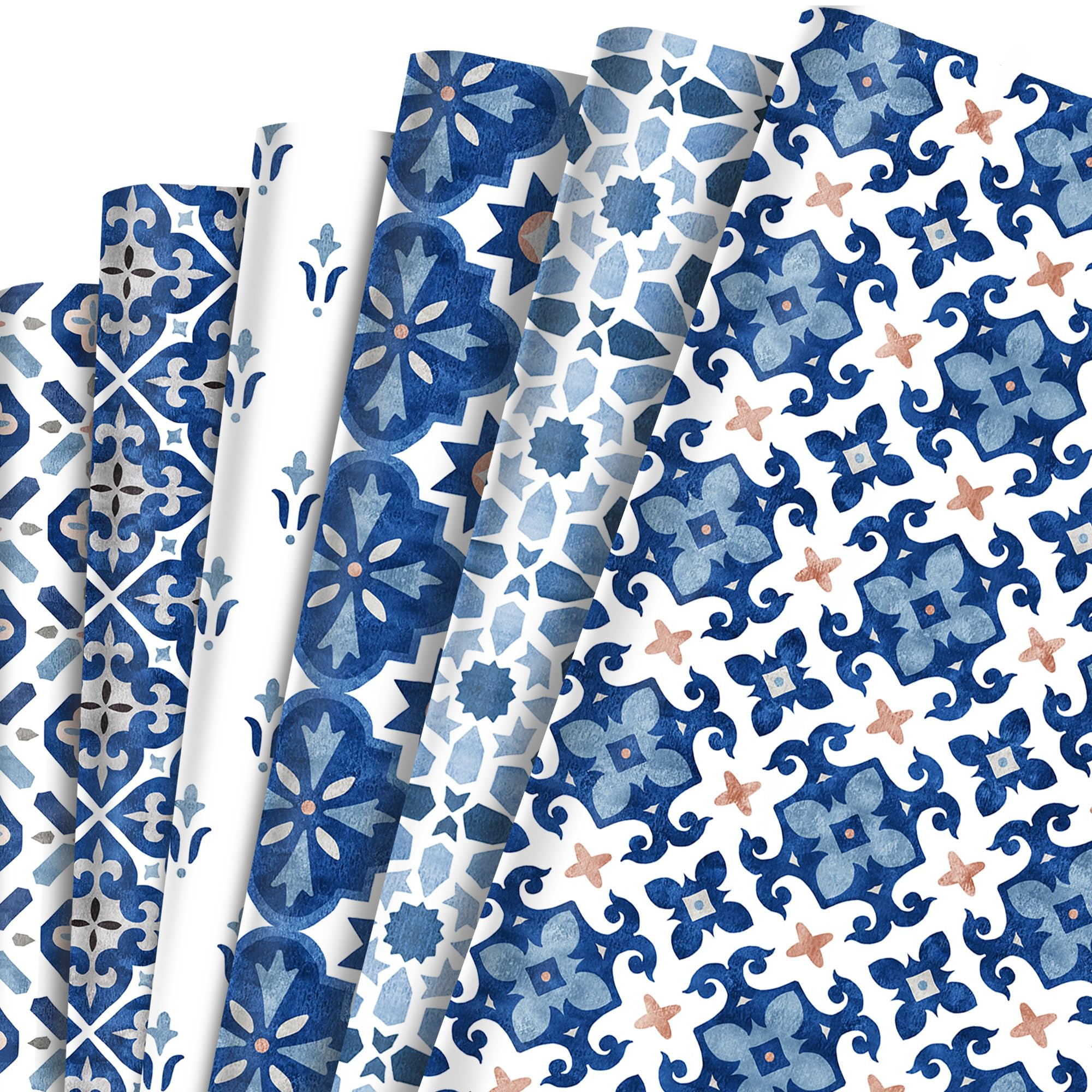 12 Sheets Moroccan Mosaic Wrapping Paper | 6 Navy Blue Vintage Mandala Designs | Moroccan Tiles G... | Amazon (US)