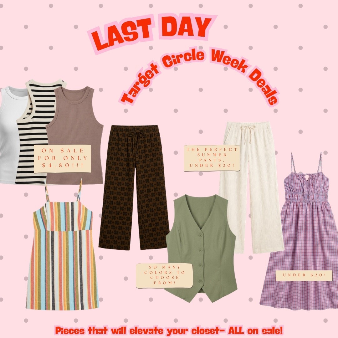 Last day of Target Circle Week and you do not want to miss these fashion deals 🛒 Ribbed tanks for $4.80, cream linen pants and a pink plaid smocked dress both under $20, and a sage green button vest in so many colors — all on sale today only. All linked!

#LTKdayinmylife #LTKgrwm #LTKootd