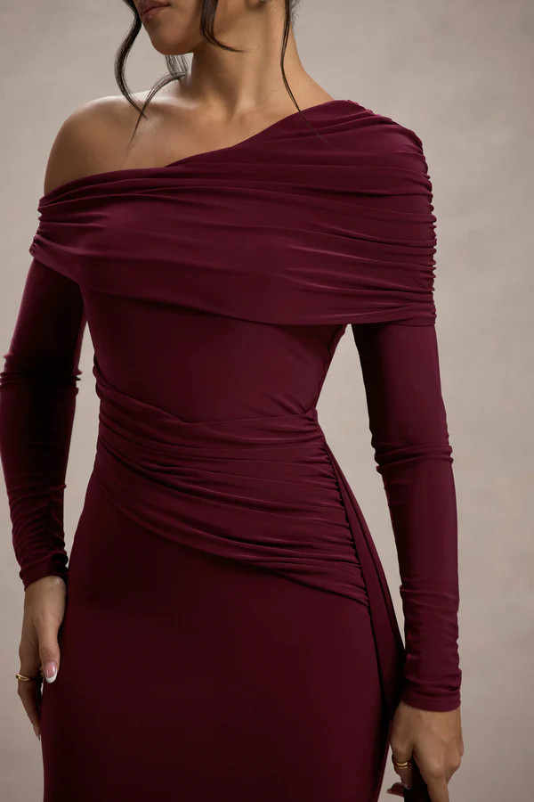 Valina | Burgundy Ruched Asymmetric Maxi Dress With Drape | Club L London
