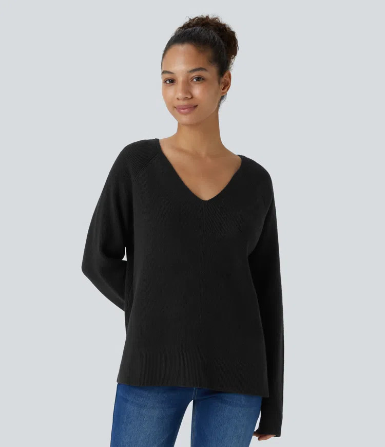 Women’s V Neck Long Sleeve Split Casual Sweater - Halara | HALARA