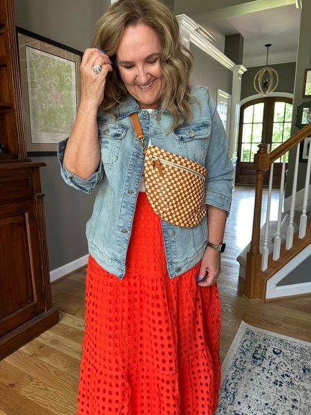 This coral maxi skirt is top notch. And the denim jacket is super stretchy. Love it. 
Both under $50. And great quality! 

Yes my bag is a splurge but I love the versatility of it. Crossbody or adjust to a Fanny pack. 

Kohls casual summer 

#LTKItBag #LTKFindsUnder50 #LTKOver40