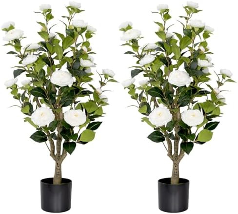 2 Pack 3FT Artificial Camellia Tree Fake Outdoor Tree with 28Blooming Flowers White Tree for Home... | Amazon (US)