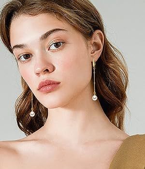 Cowlyn Pearl Earring Drop Dangle Hook Long Chain Pendant 18K Gold Hypoallergenic Tassel Earrings ... | Amazon (US)